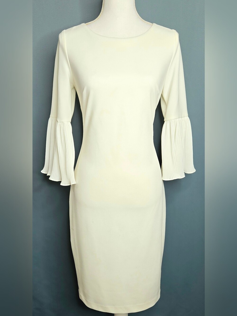 Calvin Klein Ivory Pleated Bell Sleeve Sheath Dress NWOT Size 6